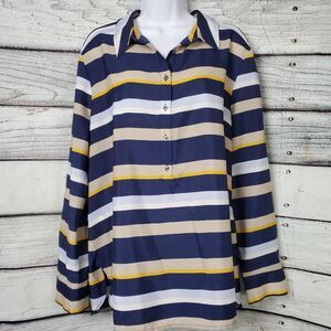 Ann Taylor Women’s Striped Button Front Blouse Navy Beige Yellow XL